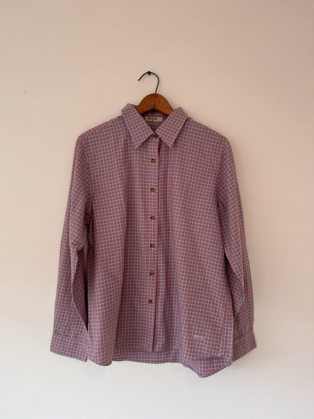 Orvis Men’s Medium Pink Blue Plaid Button Front Shirt 100% Cotton Long Sleeve